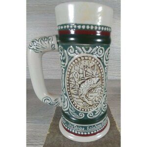 Avon Vintage Ceramic Beer Stein With Fishing & Hunting Motifs Brazil Green White